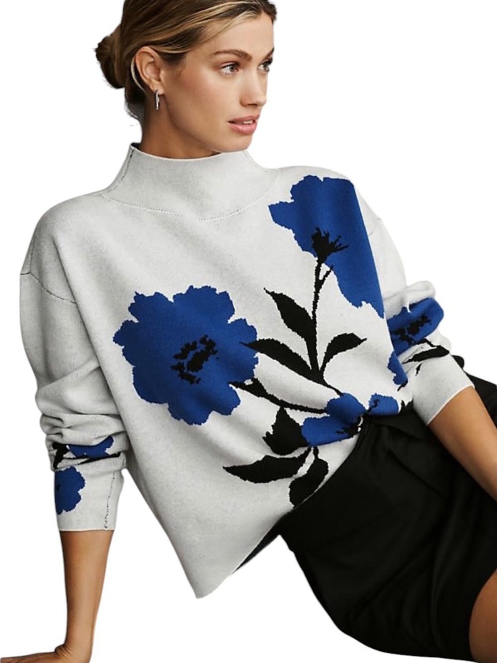 Anthropologie Maeve The Carys Gray & Blue Floral Mock Neck Sweater - M